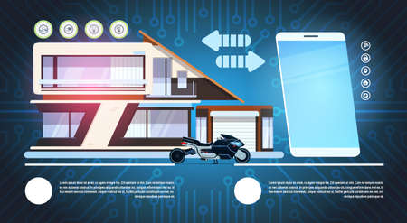 Smart Phone Over Smart House Background Modern Technology Of Home Automation Concept Flat Vector...