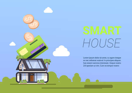 Buying Smart House Technology Credit Card Payment Home Administration Concept Background With Copy Space Flat Vector Illustrationのイラスト素材