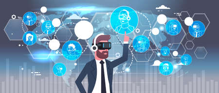 Businessman In 3d Glasses Using Futuristic Interface With Network Connections Over World Map...