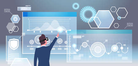 Back View Of Businessman In 3d Glasses Using Futuristic Interface Virtual Reality Technology Concept Flat Vector Illustrationのイラスト素材