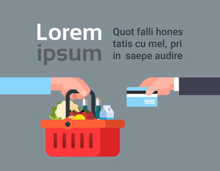 Hand Paying For Shopping Basket Of Grocery Products With Credit Card, Online Food Order And Delivery Service Concept Flat Vector Illustrationのイラスト素材