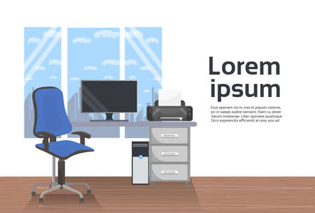Empty Workplace Office Interior Desk With Computer And Chair Over Window Background Flat Vector Illustrationのイラスト素材