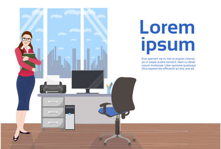 Business Woman In Office Standing Over Desk Workplace With Copy Space On Background Flat Vector Illustrationのイラスト素材