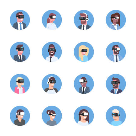 Set Of Business People Wearing Modern 3d Glasses Icons Virtual Reality Headset Concept Flat Vector Illustrationのイラスト素材