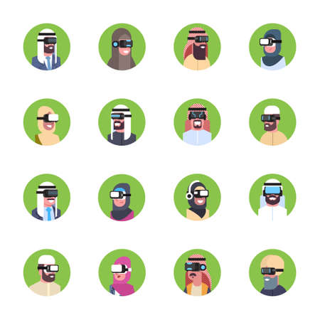 Set Of Arab Business People Wearing Modern 3d Glasses Icons Virtual Reality Headset Concept Flat Vector Illustrationのイラスト素材
