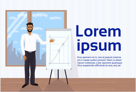 African American Business Man Leading Presentation Showing Data On Flip Chart Board In Office Flat Vector Illustrationのイラスト素材