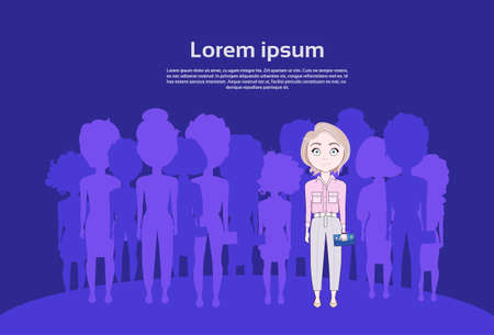 Cute Young Girl Standing Out Of Crowd Over Silhouette People Group Flat Vector Illustration