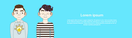 Two Young Men In Casual Clothes On Blue Backgroud With Copy Space Horizontal Banner Flat Vector Illustrationのイラスト素材