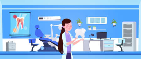 Woman Doctor Holding Tooth Over Dental Office Interior Dentist Hospital Or Clinic Concept Flat Vector Illustrationのイラスト素材