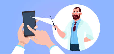 Mobile Medicine App With Hand Holding Smart Phone Over Male Doctor In Chat Bubble Background Flat Vector Illustrationのイラスト素材