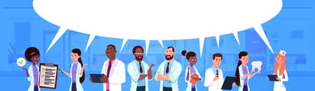 Mix Race Team Of Doctors Standing Over White Chat Bubble Backgroundのイラスト素材