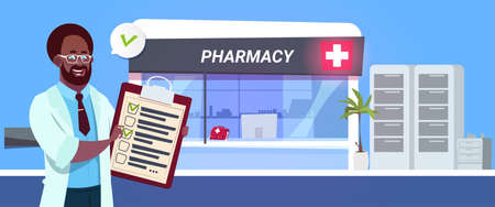 African American Man Doctor With Clipboard Over Pharmacy Store In Modern Hospital Drugstore Shop Concept Flat Vector Illustrationのイラスト素材
