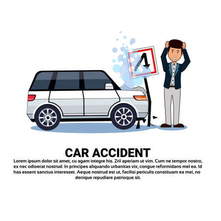 Man With Broken Car Over Background With Copy Space Accident On Road Concept Flat Vector Illustrationのイラスト素材