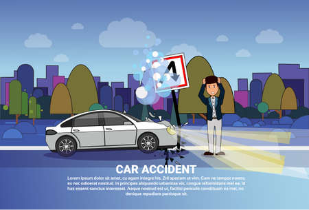 Car Accident Concept Man Driver Standing At Broken Vehicle On Road At Night Over Silhouette City Background Flat Vector Illustrationのイラスト素材