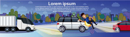 Car Hitting Man Pedestrian On Night Road Transport Accident Horizontal Banner With Copy Space Flat Vector Illustrationのイラスト素材