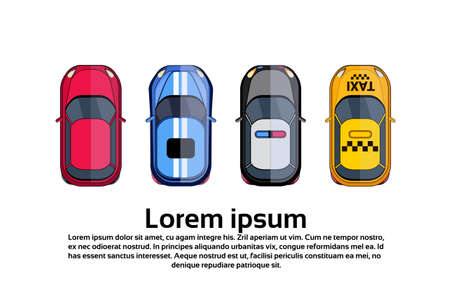 Set Of Cars Top View Taxi, Police Vehicle Isolated On White Background Flat Vector Illustrationのイラスト素材