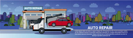 Truck Towing Car To Auto Repair Garage At Night Horizontal Banner With Copy Space Flat Vector Illustrationのイラスト素材