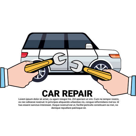 Car Service And Repair Concept With Hand Holding Wrench Over Vehicle On Background With Copy Space Flat Vector Illustrationのイラスト素材