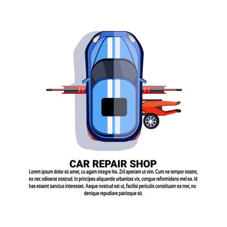 Car Repair Shop Service With Maintenance Worker Fixing Auto Over Background With Copy Space Flat Vector Illustrationのイラスト素材