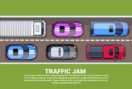 Traffic Jam Top View Road Or Highway Full Of Different Cars And Trucks Background With Copy Space Flat Vector Illustrationのイラスト素材