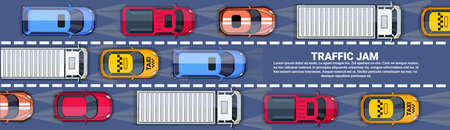 Road Full Of Cars And Trucks Top Angle View Traffic Jam On Highway Horizontal Banner With Copy Space Flat Vector Illustrationのイラスト素材