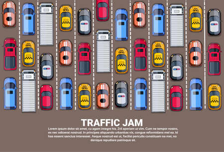 Highway Traffic Jam Top Above View With Road Full Of Different Cars Template Banner With Copy Space Flat Vector Illustrationのイラスト素材