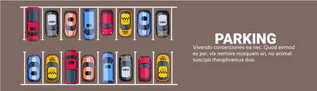 Parking Space Top View With Set Of Colorful Cars, Park Zone Horizontal Banner With Copy Space Flat Vector Illustrationのイラスト素材