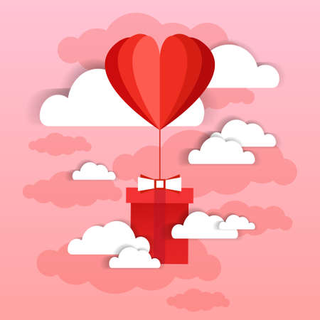 Heart Shaped Air Balloon Fly With Present Box Over Pink Sky And Clouds Background Illustrationのイラスト素材