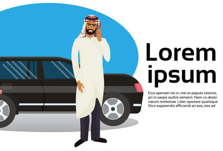 Rich Arab Business Man Talking On Smart Phone Over Luxury Car On Copy Space Background Flat Vector Illustrationのイラスト素材