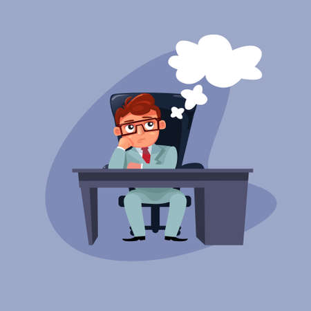 Cartoon Business Man In Elegant Suit Sitting At Office Desk Thinking Vector Illustrationのイラスト素材