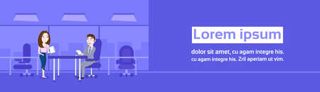 Woman Secretary Giving Boss Sitting At Desk Contracts or Documents Over Silhouette Office Background Horizontal Banner Vector Illustrationのイラスト素材