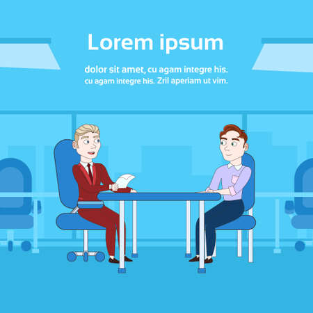 Two Business Men Interview Meeting For Vacancy Position Hr Manager And Employee Sitting Desk Over Silhouette Office Background With Copy Space Vector Illustrationのイラスト素材