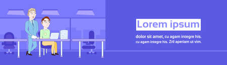 Business Man Explain Male Cleck Papperwork With Documents And Laptop Sitting At Office Desk Horizontal Banner Vector Illustrationのイラスト素材