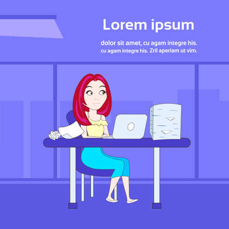 Business Woman Working With Documents And Laptop Computer Sitting At Office Desk Vector Illustrationのイラスト素材