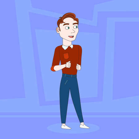 Cartoon Man In Casual Clothes Cheerful Dance Over Abstract Blue Background Vector Illustrationのイラスト素材