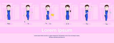 Set of Cartoon Woman In Elegant Dress In Different Poses Over Abstract Pink Background With Copy Space Vector Illustrationのイラスト素材