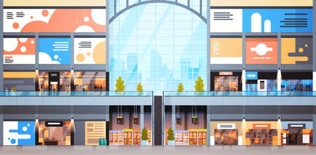 Modern Shopping Mall Interior Big Many Boutiques Design Of Retail Store Flat Vector Illustrationのイラスト素材
