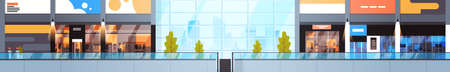 Modern Retail Store With Many Shops And Supermarket Horizontal Banner Empty Interior No People Flat Vector Illustrationのイラスト素材