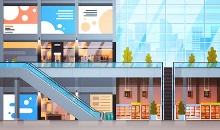 Modern Retail Store With Many Shops And Supermarket Empty Interior No People Flat Vector Illustrationのイラスト素材