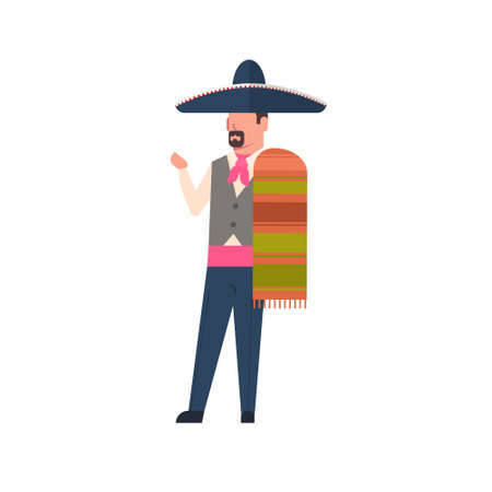 Mexico Man In Traditional Costume And Mexican Sombrero Isolated On White Background Flat Vector Illustrationのイラスト素材