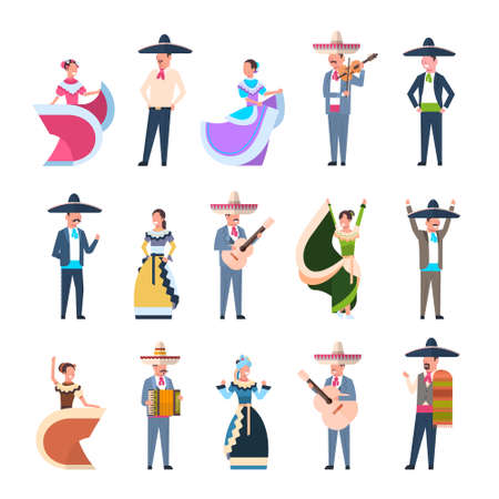 Set Of Mexican People In Traditional Costumes Dancers And Musicians Isolated On White Background Flat Vector Illustrationのイラスト素材