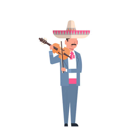 Mexican Man Musician In Traditional Costume And Sombrero With Violin Isolated On White Background Flat Vector Illustrationのイラスト素材
