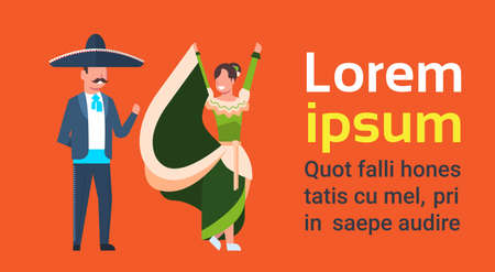 Beautiful Couple Of Mexico Dancers In Traditional Clothes And Sombrero Cinco De Mayo Festival Concept Banner With Copy Space Flat Vector Illustrationのイラスト素材