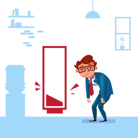 Tired Business Man Over Empty Red Battery Background Flat Vector Illustration
