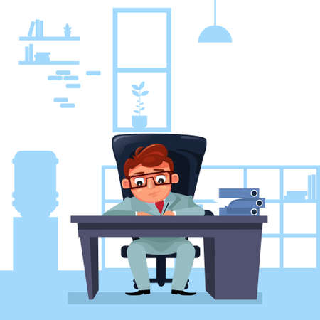 Business Man Boss Sit At Office Desk Working With Documents Flat Vector Illustrationのイラスト素材
