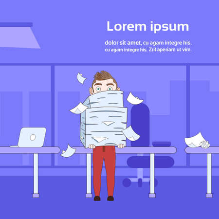 Business Man Holding Stack Of Paper Documents Over Office Background With Copy Space Flat Vector Illustrationのイラスト素材
