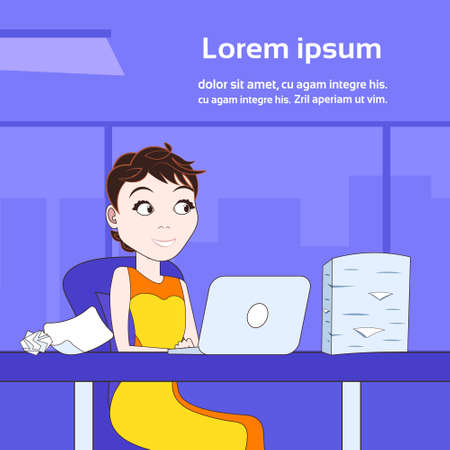 Business Woman Working On Laptop Computer Sit At Office Desk With Stack Of Paper Documents Flat Vector Illustrationのイラスト素材