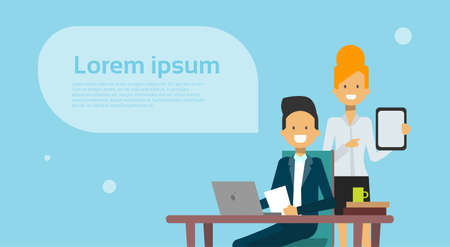 Business Man And Woman Meeting Businesspeople Brainstorming Sit At Laptop Computer Over Background With Copy Space Flat Vector Illustrationのイラスト素材