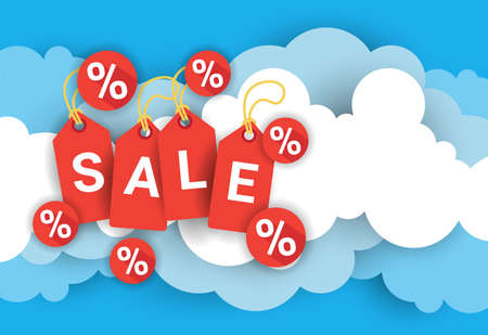 Sale Poster Template With Red Tags Over Blue And White Clouds Background Flat Vector Illustrationのイラスト素材