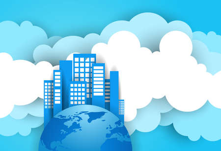 Modern Skyscraper Building On Earth Planet Shape Over Blue Sky And Clouds Background Flat Vector Illustrationのイラスト素材